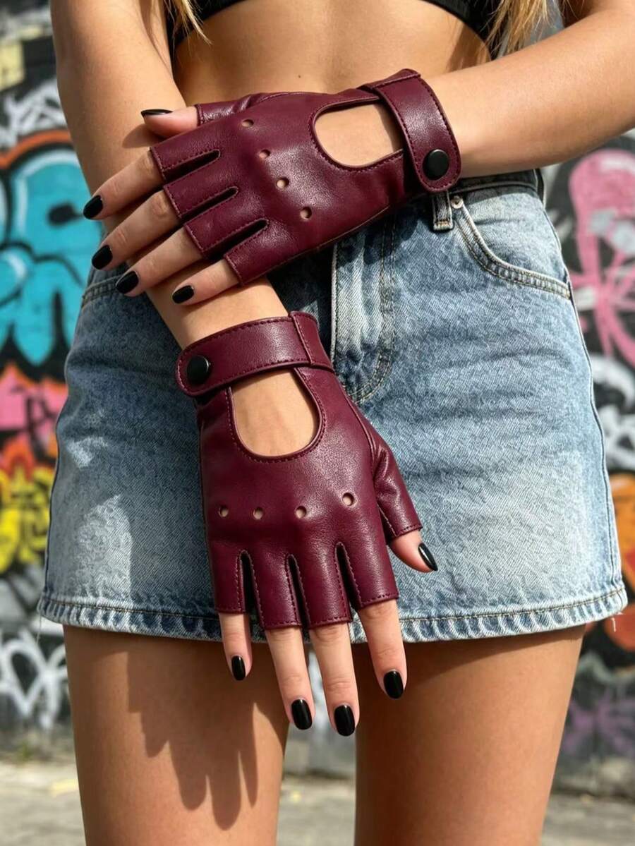 1 Pair Half-Finger Motorcycle Leather Gloves - Burgundy - View 1