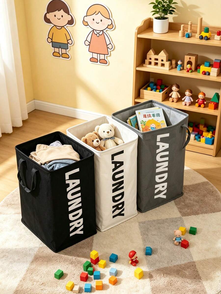 Household Fabric Storage Basket With Letter Print, Foldable Laundry Hamper With Handles, Children's Room Toy & Clothing Organizer Bin - Multicolor - View 1