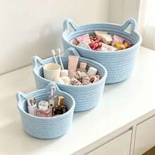 Cat Ear Design Hand-Woven Desktop Storage Basket, Modern Home Fabric Storage Basket, Suitable For Living Room, Bedroom, Desk, Bathroom, Bedside Table, Entryway, Cosmetics Storage, Bathroom Storage And Home Storage Box - Baby Blue - View 13