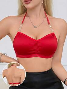 Sujetador cómodo de mujer de color liso con diseño fruncido y hebilla anular (sin relleno) - Rojo - Ver 2