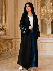 Black Fresh Blue Butterfly Embroidered Cover Up Abaya Women's V-Neck Long Outerwear Robe Butterfly Embroidery Cuffs Loose Cover-Up Middle Fall - Black - View 1