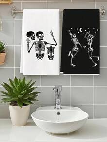 2pcs Halloween Dancing Skeleton Print Kitchen Towels, Black And White Skull Moon And Star Design Dish Cloths, Suitable For Kitchen Cleaning & Halloween Decor - Black and White - View 4