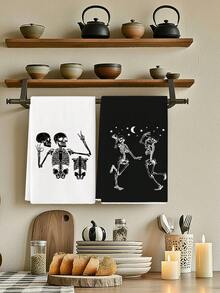 2pcs Halloween Dancing Skeleton Print Kitchen Towels, Black And White Skull Moon And Star Design Dish Cloths, Suitable For Kitchen Cleaning & Halloween Decor - Black and White - View 1
