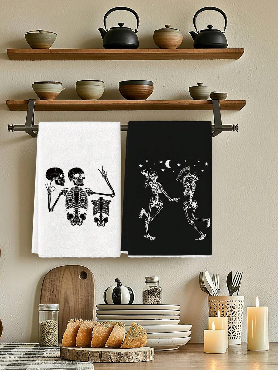 2pcs Halloween Dancing Skeleton Print Kitchen Towels, Black And White Skull Moon And Star Design Dish Cloths, Suitable For Kitchen Cleaning & Halloween Decor - Black and White - View 1