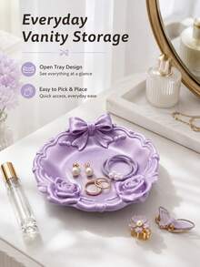 1pc Women's Purple 3D Printed Jewelry Tray, Bow And Rose Decor Storage Dish, Creative Vanity Organizer Box, Suitable For Rings, Earrings And Vanity Decor - Multicolor - View 6