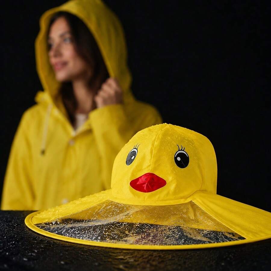 1件免手持鴨子雨傘帽，可開合，6骨折疊雨衣式披風傘，可愛黃色小鴨設計，釣魚帽雨傘，戶外折疊傘，適合釣魚、徒步、露營
