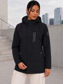 Jaket Wanita Outdoor Lengan Panjang Minimalis dengan Resleting dan Motif Huruf - Hitam - View 5