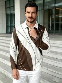 Men's Retro Contrast Color R Letter Print Wavy Pattern Long Sleeve Polo Shirt With Collar And Buttons - Multicolor - View 3