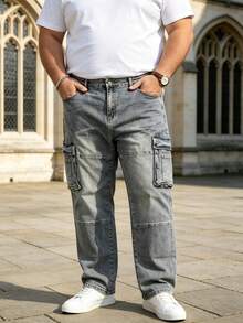 Men's Plus Size Stretch Cargo Jeans, Retro Faded Blue Straight Leg Denim Pants, Casual Work Trousers - Navy Blue - View 6