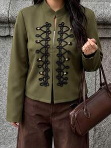 Autumn/Winter Solid Color Frog Button Stand Collar Long Sleeve Cropped Slim Fit Military Style Jacket, Plus Size Commuter Vintage Coat, Autumn Fashion - Army Green - View 2