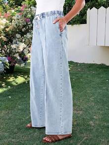 Light Color Straight Leg Wide Leg Cropped Plus Size Women's Jeans Solid Denim Drawstring Full Waist Elastic Band Wide Leg Plus Size Women's Cropped Jeans Holiday Home All Seasons - Light Blue - View 1