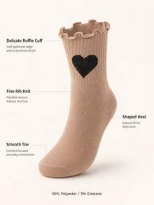 6 Pairs/12 Pairs Random Women's Heart Embroidery Ruffle Trim Crew Socks, Cute Knitted Soft Breathable Casual Everyday Socks - Multicolor - View 2
