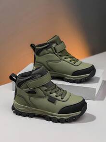 1 Pair Boys' Leather Patchwork Waterproof Non-Slip Mid-Top Convenient Hook & Loop Outdoor Children's Sports Shoes Suitable For Spring And Autumn - Dark Green - View 4