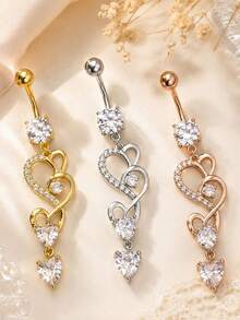 1 Pc Heart Dangling Belly Button Ring Sparkling Rhinestone Navel Piercing Jewelry For Women - Heart-shaped - View 3