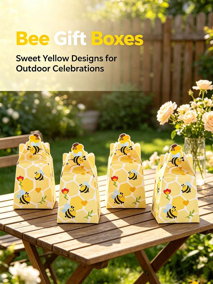 25/15/5/1pc Yellow Bee Honeycomb Pattern Gift Boxes, Cartoon Little Bee Print Candy Paper Boxes, Party Favor Candy Dessert Handheld Packaging Boxes - Multiple Styles - View 1