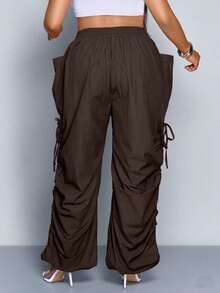 Women's Plus Size Casual Loose Drawstring Pleated Wide Leg Pants - Mocha Brown - View 4