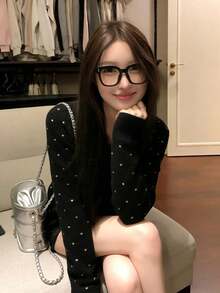 女款圓領針織開襟衫，寬鬆慵懶顯瘦短版外套上衣 - 黑色 - 查看 6