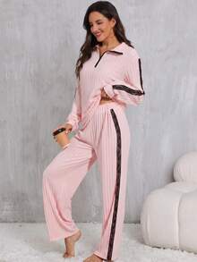 Women's Spring Autumn Winter Pajama Set, Contrast Color Ribbed Knit Fashion Lace Trim Minimalist Half-Zip Lapel Pullover Long Sleeve Casual Pants Comfortable Loungewear 2-Piece Set - Pink - View 2