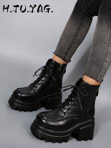 Fall/Winter New Women's Black Thick Heel Platform Ankle Boots, Fashion British Style Boots With Zipper And Buckle Closure, Suitable For Vacation And Daily Wear Motorcycle Riding Boots,Boots For Women - Black - View 1