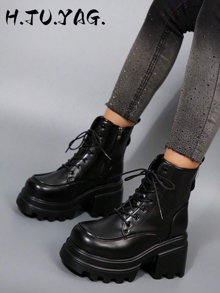Fall/Winter New Women's Black Thick Heel Platform Ankle Boots, Fashion British Style Boots With Zipper And Buckle Closure, Suitable For Vacation And Daily Wear Motorcycle Riding Boots,Boots For Women - Black - View 1