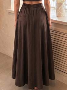 Rok Midi Lebar dengan Detail Jahitan Pinggang Tinggi, Rok Panjang Model Terompet A-Line Elegan, Musim Gugur/Dingin - Cokelat tua - View 7