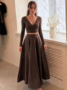 Rok Midi Lebar dengan Detail Jahitan Pinggang Tinggi, Rok Panjang Model Terompet A-Line Elegan, Musim Gugur/Dingin - Cokelat tua - View 5