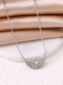 1pc Stainless Steel Personalized Angel Double Hole Wing Pendant Necklace 18k Women's Necklace - Silver - View 1