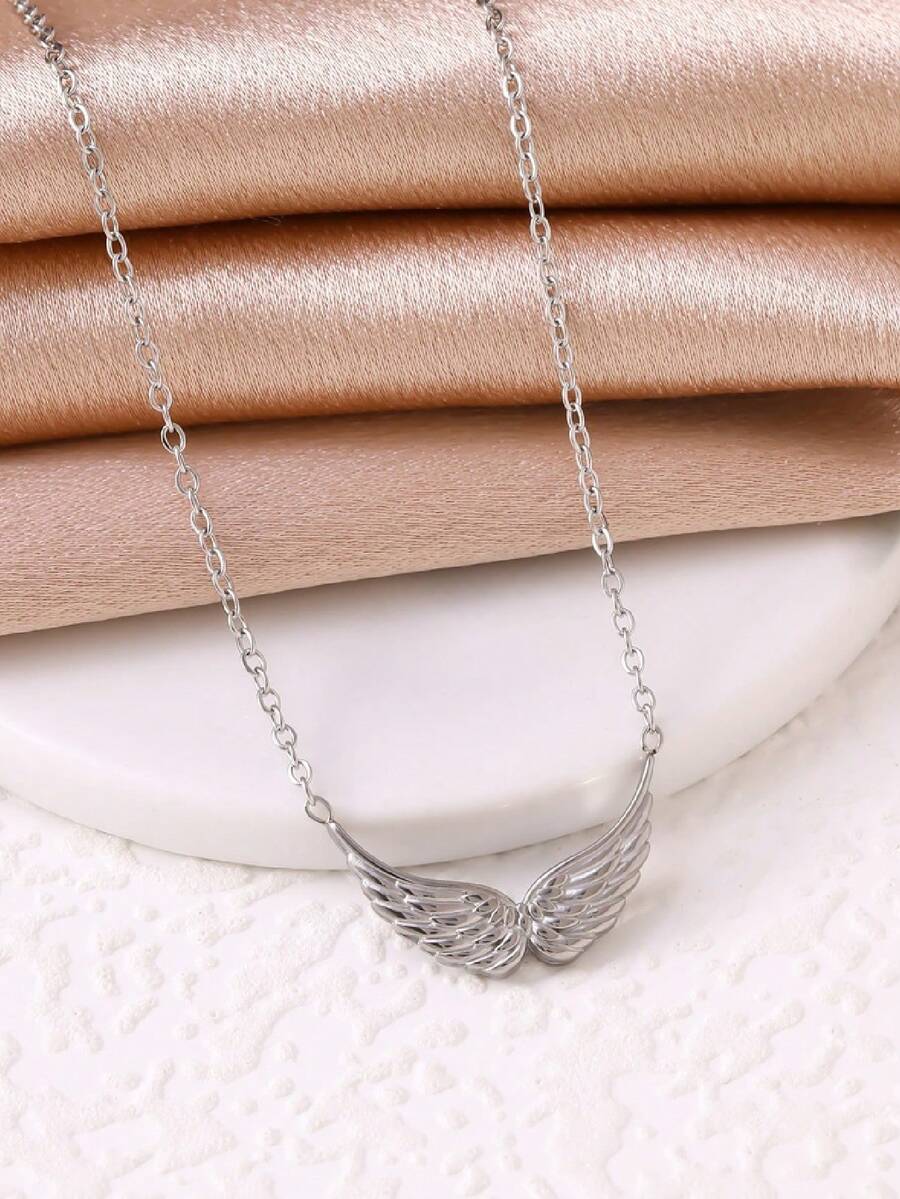 1pc Stainless Steel Personalized Angel Double Hole Wing Pendant Necklace 18k Women's Necklace - Silver - View 1