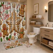 1pc/4pcs Christmas Snowflake Gingerbread Man Multi-Functional Bathroom Decor Shower Curtain Set, Free 12 Hooks, Premium Holiday Atmosphere, Bathroom Mat, U-Shaped Floor Mat And Round Toilet Lid Cover, Suitable For All Christmas Occasions - Snowflake Gingerbread Man - View 4