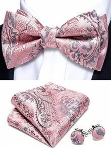 Paisley Striped Bow Tie For Men Silk Pre-Tied Bowtie Pocket Square Cufflinks Set Formal Wedding Party Prom - Pink - View 1