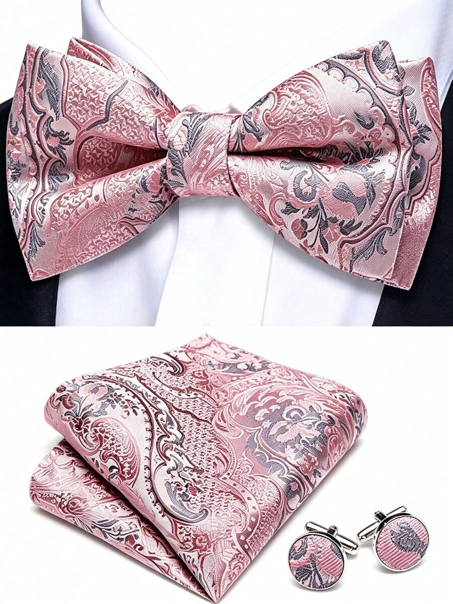 Paisley Striped Bow Tie For Men Silk Pre-Tied Bowtie Pocket Square Cufflinks Set Formal Wedding Party Prom - Pink - View 1