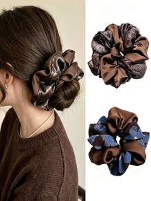 1pc Women's French Vintage Autumn/Winter Patchwork Satin Scrunchie, Brown Tone Shiny Blue & Brown Floral Pattern Large Hair Tie For Bun And Low Ponytail - Multicolor - View 8