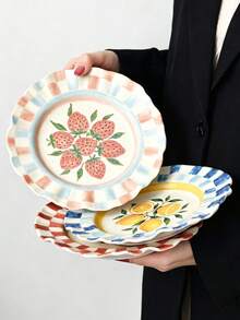 1pc French Wave Edge Fruit Ceramic Plate, Hand-Painted Plaid Plate, 8inch Plate, Steak And Pasta, Perfect For Bread, Cake, Dessert, Fruit, Salad, Mother's Day, Thanksgiving - Multicolor - View 2