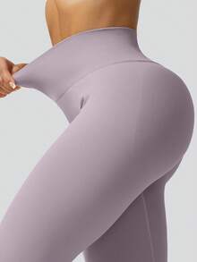 Women's Solid Light Purple Seamless Leggings, High Waist Tummy Control Booty Lift For Yoga Pilates Gym, Sportswear - Lilac Purple - View 4