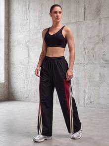 Knot & Curve Women's Long Pants, Autumn Vintage Colorblock Straight Leg Pants, Side Stripe Webbing Drawstring Waist Loose Drape Sporty Pants - Black - View 2