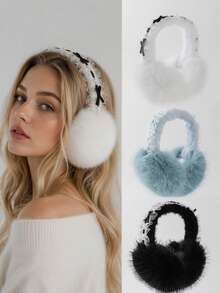 GARASSACC 1pc Women's Lace Pearl Bow Ribbon Plush Warm Foldable Earmuffs - Solid Color - View 1