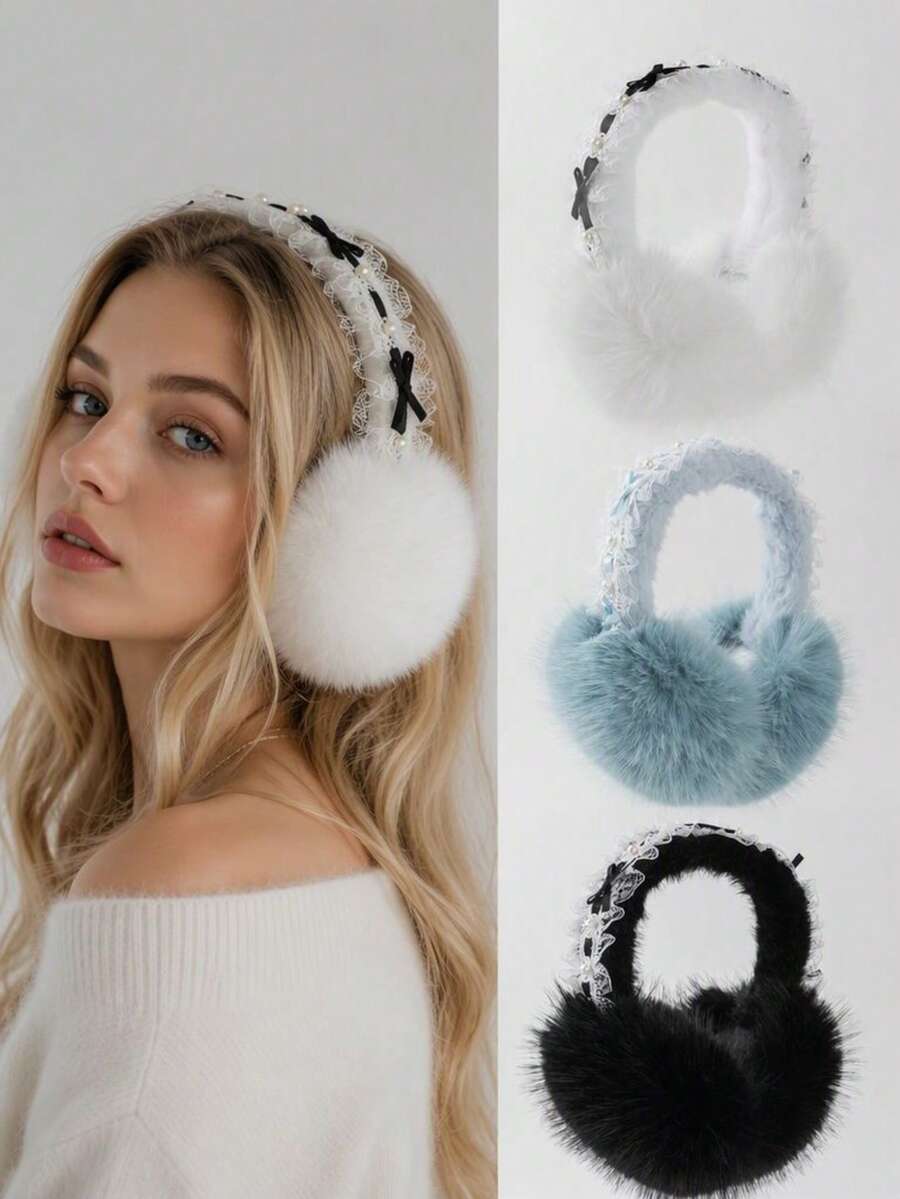 GARASSACC 1pc Women's Lace Pearl Bow Ribbon Plush Warm Foldable Earmuffs - Solid Color - View 1