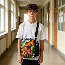 Roaring Tyrannosaurus Rex Jungle Print Boys Lunch Bag, Black Zipper Handbag With Top Handle, Shoulder Strap And Side Mesh Pocket, Suitable For School Use - DINOSAUR-18 - View 7
