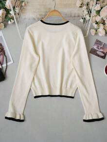 2026 Autumn/Winter Soft Style Round Neck Knit Sweater Women, Contrast Trim Flared Sleeve Slim Fit Flattering Top, Korean Style Versatile Commute Base Layer Knit Sweater - Apricot - View 9