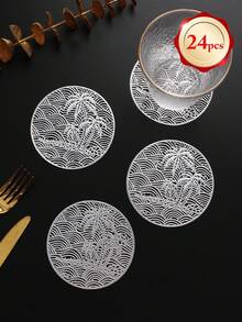 6-24pcs Coconut Tree Wave Hollow Coasters, Luxury Style PVC Round Heat-Insulating Non-Slip Coasters Suitable For Dining Table, Afternoon Tea, Home Party - Multicolor - View 13