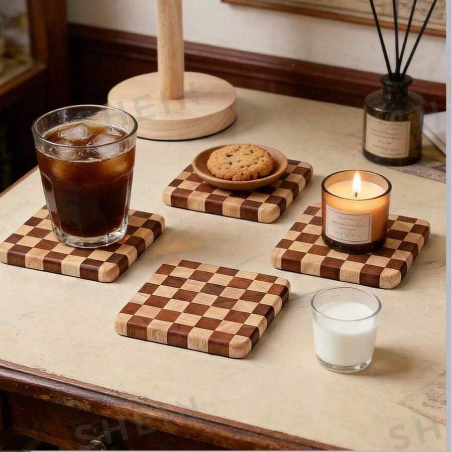 /4PCS Checkerboard Solid Wood Coffee Coasters, Creative Square Coasters, Antibacterial And Mildew-Proof Household Heat Insulation Pads, - Multicolor - View 1