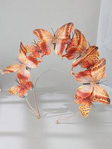 1pc Fairycore Orange Butterfly Floral Flower Crown 3D Monarch Butterfly Headband Woodland Fairy Cosplay Prom Party Hair Props - Coral Orange - View 4