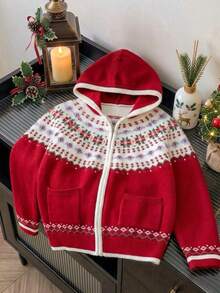 Girls' Preppy Floral Pattern Knit Cardigan With Pockets And Hood, Long Sleeve, Suitable For Daily Wear, School, Spring, Autumn, Winter - Red - View 2