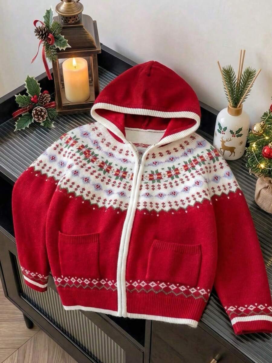 Girls' Preppy Floral Pattern Knit Cardigan With Pockets And Hood, Long Sleeve, Suitable For Daily Wear, School, Spring, Autumn, Winter - Red - View 1