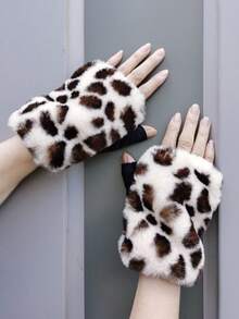 1pair Women's Leopard Print Plush Half Finger Gloves With Warm Lining, Furry Cute Gloves For Autumn Winter, 4 Colors - Multicolor - View 12