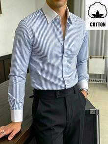WAIT HIM Men's Business Style Premium Color-Block Striped Dress Shirt Made Of Traceable Cotton - Blue and White - View 9