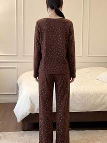 2pcs Women's Pajama Set, Pullover Round Neck Ditsy Floral Romantic Fashion Long Sleeve Long Pants, Comfortable For Home Wear - Brown - View 3