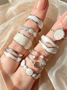 8pcs Fashion Elegant Star Moon Sun Ring Set, Asymmetrical Exaggerated Geometric Pattern Stackable Accessories Jewelry For Women, Suitable For Daily Wear, Date, Party, Versatile Matching, Perfect Gift For Birthday, Female Friends, Halloween, Christmas - Drip Oil Star and Moon Ring Set - View 3