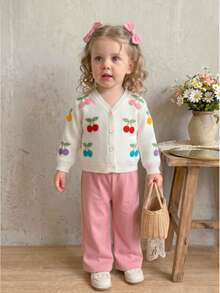 2pcs Set Baju Bayi Perempuan Manis dan Lucu Motif Dopamin dan Ceri dengan Bordir, Lengan Panjang, Cardigan Rajut & Celana Kasual, Musim Semi/Musim Gugur - Putih - View 3