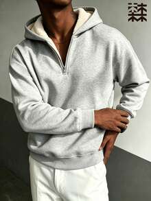 mulinsen Men's Off-Shoulder Long Sleeve Half-Zip Sweatshirt, Thick Warm Pullover Sweatshirt, Suitable For Autumn/Winter Daily Wear - Light Grey - View 3